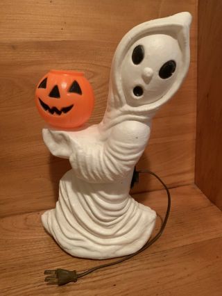 Rare Vintage 13 Inch Plastic Blow Mold Ghost Holding Pumpkin Halloween