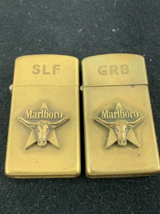 2 1991 Slim Brass Zippo Lighters - Marlboro Cigarettes - Steer In A Star -