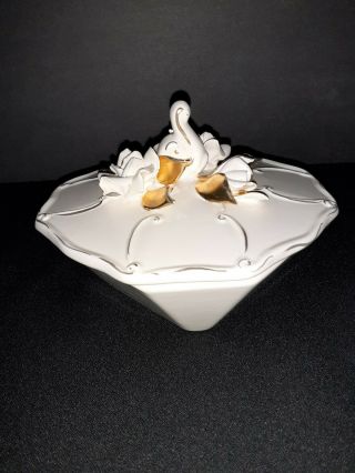 Florence Ceramics Vintage Vanity Powder Box.  Handmade Flowers Gold Leaves