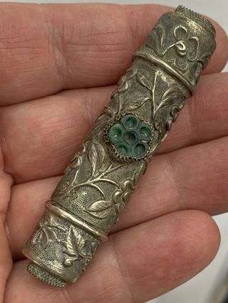 Vintage Unusual Tube Shaped Pocket Lighter - Embossed Silver With Jewels