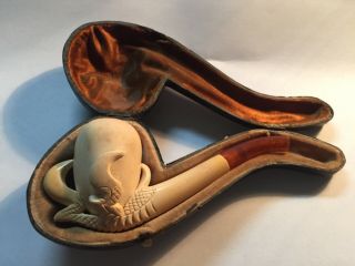 Antique Meerschaum Pipe Claw Talon With Amber Stem In Case 5.  5 " L.