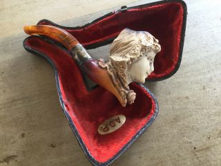 Antique Meerschaum Pipe Lady’s Head W/ Amber Stem In Leather Case