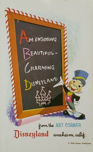 Disneyland Rare Jiminy Cricket Art Corner Vintage Post Card