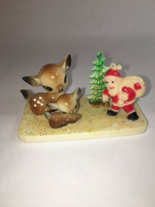 Vintage Mini Hard Plastic Christmas Scene Made In Hong Kong Nativity Deer Santa