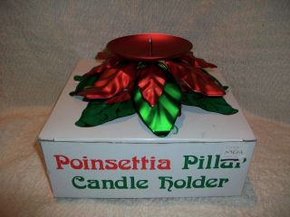 Vintage Dept 56 Metal Poinsettia Pillar Candle Holder Christmas