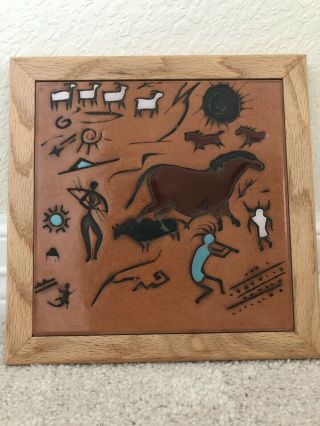 Vintage - Mag Mor - Hand Painted Art Tile - Southwest Design Framed In Wood