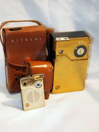 Vintage Hitachi Th - 666 Transistor Radio With Case,  Ear And Lighter