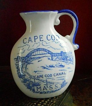 Left - Handed Pitcher Cape Cod Canal Mass.  Poem Blue Delft Style Vintage Japan