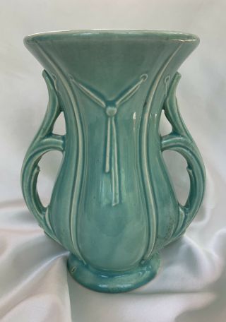 Vintage Mccoy Heavy Pottery 2 Handle Urns Vases Green