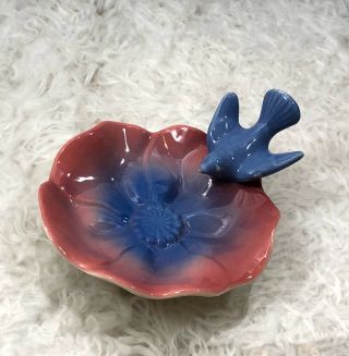 Vintage Royal Copley Ceramic Dish Blue Bird Pink Flower Lotus Mouth Vase Euc