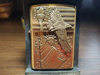 Zippo Lighter 2001 Brass Statue Of Liberty & Eagle In Case
