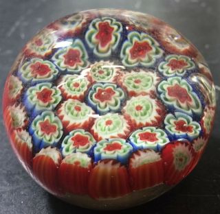 Vintage Murano Millefiori Red,  White,  Blue & Green Floral Glass Paperweight