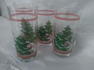 Set Of 4 Vintage Libbey Clear Glass Tumblers Christmas Tree Red Stripe 16oz