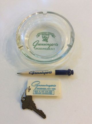 Vintage Grossinger’s Glass Ashtray W/pen & Room Keychain Hotel Catskills N.  Y.
