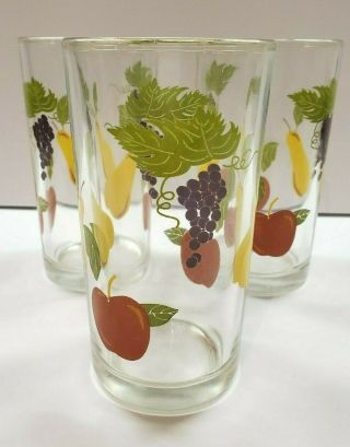 Vintage Set Of 3 Drinking Glasses Fruit Painted Apple Grapes Pear Tumblers