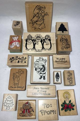 Vintage Collectible Wood Mounted Rubber Stamp Lot,  Christmas,  Winter,  Holiday