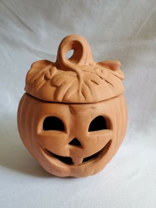 Vtg Halloween Terra Cotta Ceramic Jack O Lantern Pumpkin Tea Light Candle Holder