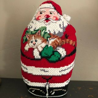 Vintage Completed Needlepoint Christmas Santa Claus Stands Up 9 1/2 Inches Tall