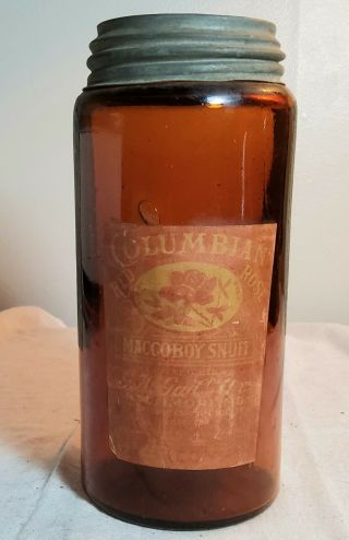 Rare Amber Glass Columbian Maccoboy Snuff Jar With Label G.  W Gail & Ax Baltimore
