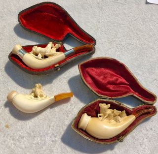 3 X Antique Cased Meerschaum Pipes Wild Horses & Hunting Dogs