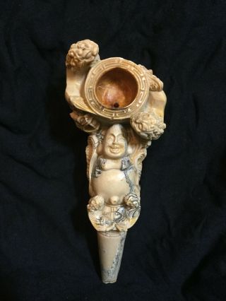 Vintage Hand Carved Buddha Putai Meerschaum Smoke Pipe Double Dragon With Siwrls