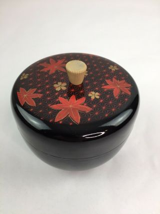 Vintage Yamanaka Japan Black Lacquer Trinket Box Container Red/gold Floral
