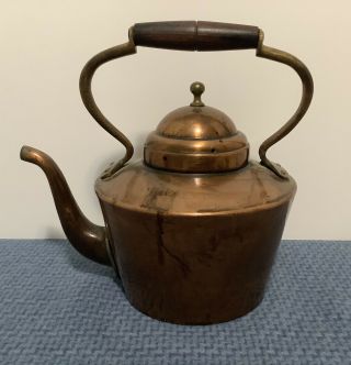 Heavy Antique Vintage Copper Tea Pot Kettle With Wooden Handle