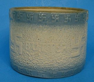 Vintage Stoneware Butter Crock American Indian Harmony & Peace Swastika Embossed