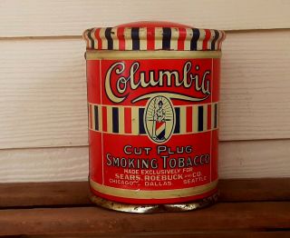 Antique Columbia Cut Plug Smoking Tobacco Tin Red White & Blue Sears,  Roebuck