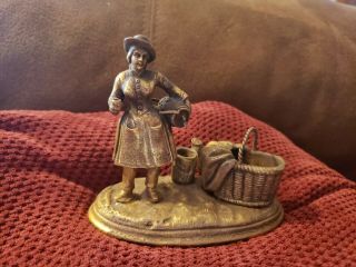 Vintage Figural Brass Match Holder & Striker Colonial Lady W Barrel And Cup