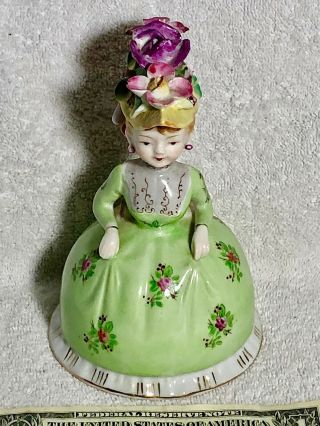 Vintage Victorian Lady Figurine Covered Powder Trinket Boudoir Box Round Colorfu