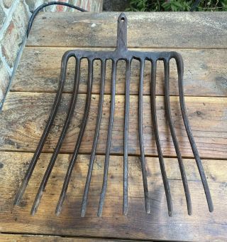 Antique Vintage Primitive 10 Tine Hay Pitch Fork Rake Head Farm Tool Blacksmith