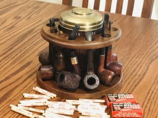 Vintage Wood Tobacco Smoking Pipe Stand With Humidor & Briar Pipes