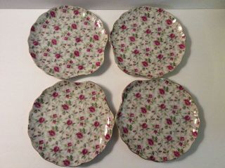 4 Vintage Lefton Rose Chintz Pink Roses Gold Trim Luncheon Plates