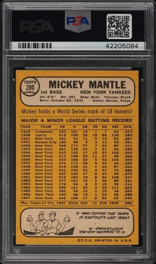 1968 Topps Mickey Mantle 280 PSA 4 VGEX 2