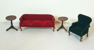 Vintage Dollhouse Furniture Red Velvet Couch,  Green Velvet Chair,  Side Tables