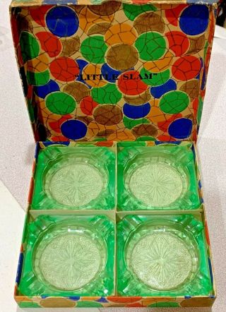 Vintage Jeanette Green Depression Glass Set 4 Ashtrays Adam Royal Lace 3 1/4 "