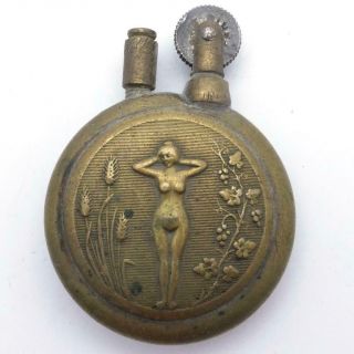 Vintage Wwi Era Brass Trench Art Lighter Nude Woman Front & Back
