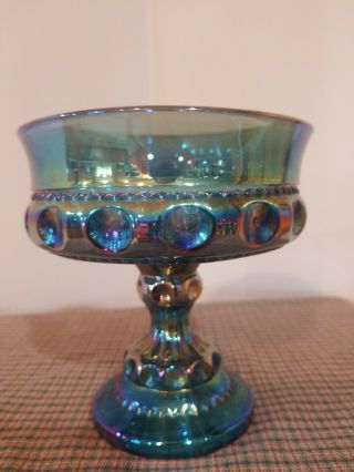 Vintage Fenton Carnival Blue Glass Pedestal Compote Candy Dish Thumbprint Design
