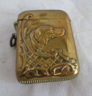 Great Antique Brass Match Safe Holder With Hunting Dog