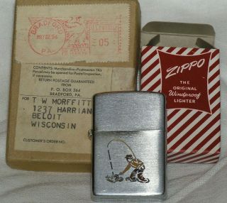 1937 - 1950 Chromesteel Fisherman Zippo Lighter Rare With Zippo Repair Box & Slips