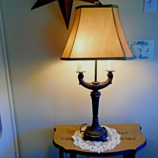 Vintage Black Metal Candlestick Table Lamp W/silk Shade,  Well 30 "