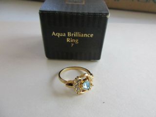 Avon Vintage Aqua Brilliance Ring Sz 7 Gold - Tone W/ Orig Box