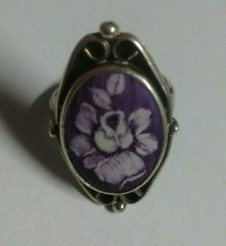 Vintage Silver Hand Painted Ring Size 5 1/4 Hand Painted Rose Lavender