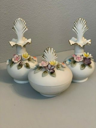 Vintage Lefton White & Floral Porcelain Perfume Bottles & Powder Jar Dresser Set