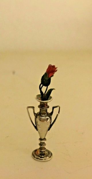 Vintage Miniature Dollhouse Sterling Silver Urn Vase With Red Rose ? Kupjack