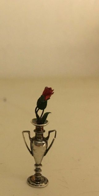 Vintage Miniature Dollhouse Sterling Silver Urn Vase with Red Rose ? Kupjack 2
