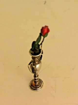 Vintage Miniature Dollhouse Sterling Silver Urn Vase with Red Rose ? Kupjack 3