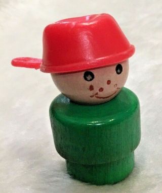 Vintage Fisher Price Little People Wooden Green Boy W/red Plastic Pan Head