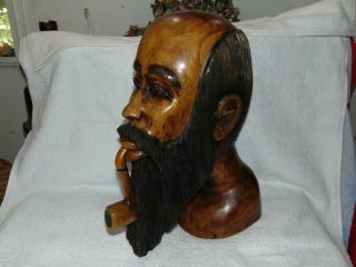 Vintage Hand Carved Bust Bearded Man & Pipe Large 15 " Tall Solid Wood Jamaica